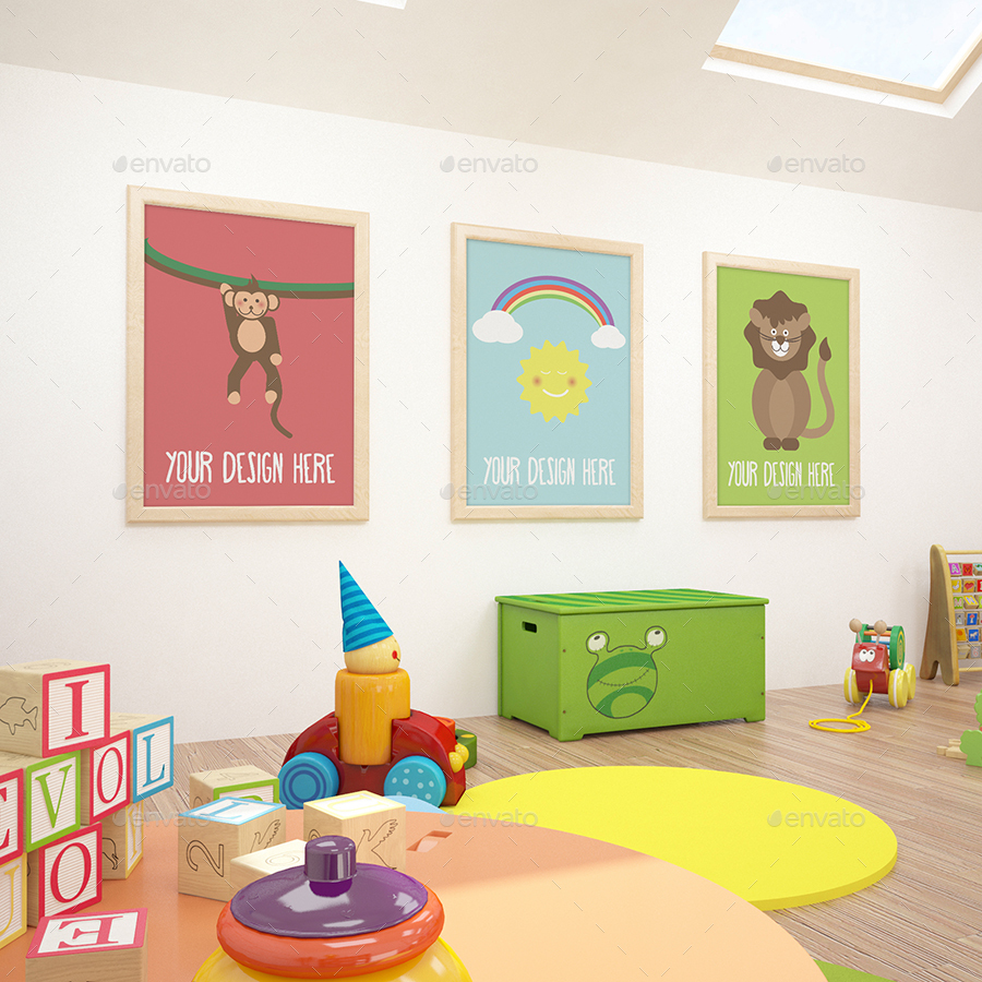 Kids Room Poster Mockup Poster Mockup Chair Teddy Bear Kid Room Interior Real Stock